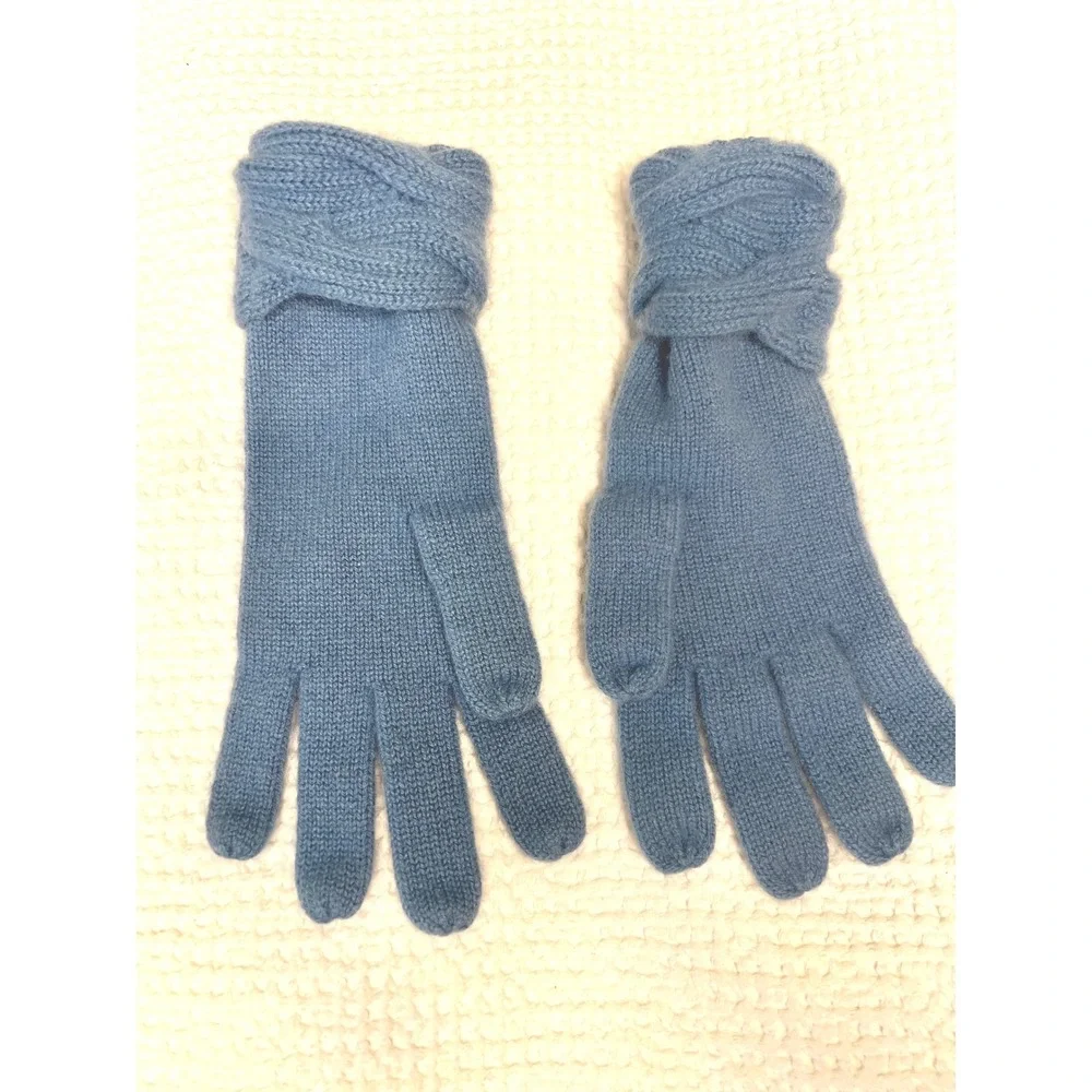 Nordstrom Womens 100% Cashmere Knit Gloves Blue Cable Twist Cuff Winter Warm